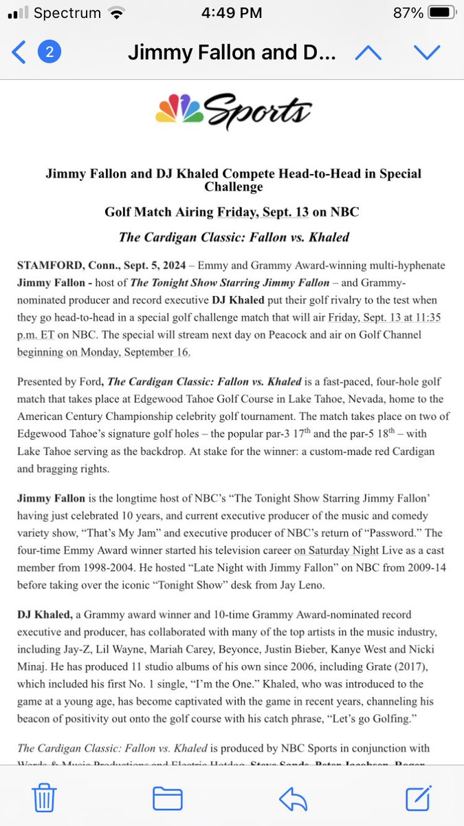 JoshACarpenter's tweet photo. Giving the people what they want. NBC says Jimmy Fallon and DJ Khaled will compete in a golf match, the “Cardigan Classic,” on Sept 13, airing at 11:35pm. https://t.co/O09EeWPwm8