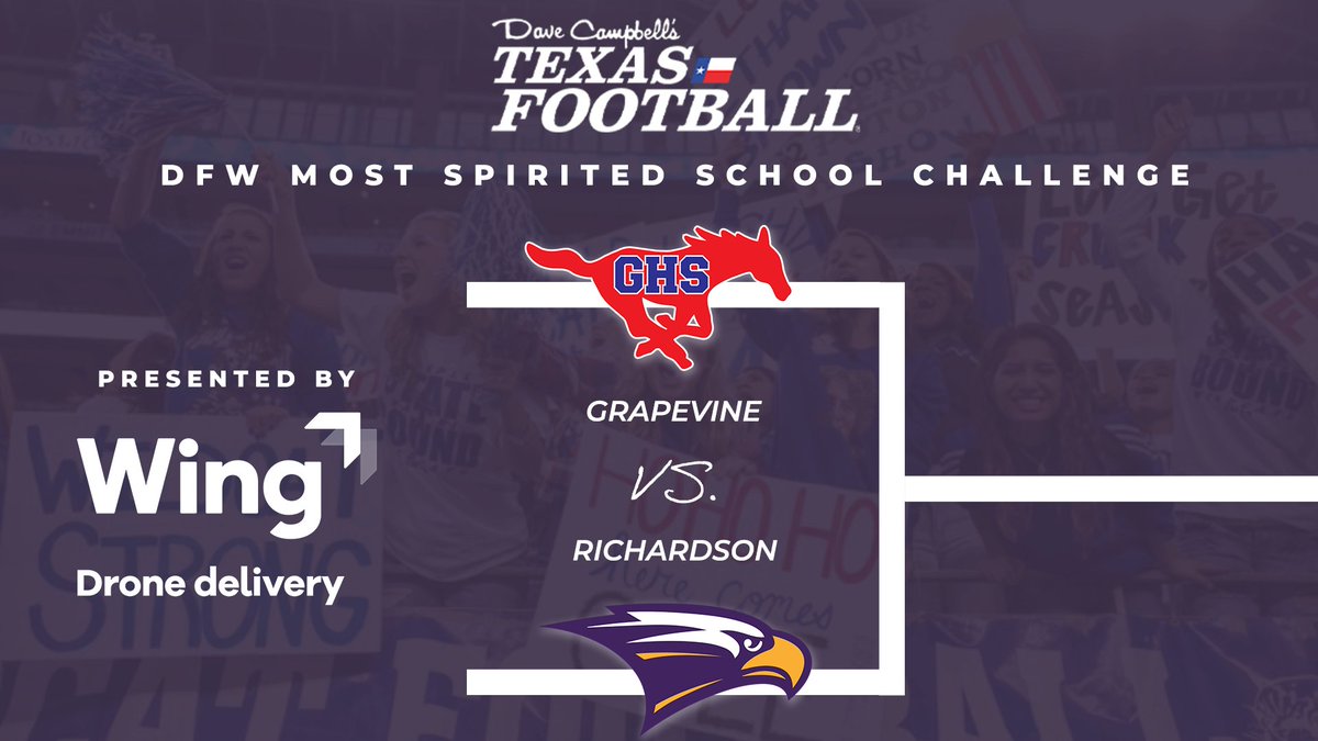 Dave Campbell's Texas Football β TexasFootball.com (@dctf) on Twitter photo The 2024 DFW Most Spirited School Challenge presented by <a href="/Wing/">Wing</a> first round matchups:
<a href="/LHHS_FOOTBALL/">LHHS Football</a> vs <a href="/BERKNERFOOTBALL/">BERKNER FOOTBALL</a>
<a href="/NHSTexans/">Northwest High School</a> vs <a href="/RHS_FBRecruits/">Reedy HS FB Recruiting</a>
<a href="/bowievolfb/">Arlington Bowie Football</a> vs <a href="/ProsperEaglesFB/">Prosper Eagles FB</a>
<a href="/GHSMustangsFB/">GHSMustangsFootball</a> vs <a href="/Richardson1FB/">Richardson Football</a>
Vote and learn more β¬οΈ texasfootball.com/most-spirited-β¦ The 2024 DFW Most Spirited School Challenge presented by <a href="/Wing/">Wing</a> first round matchups:
<a href="/LHHS_FOOTBALL/">LHHS Football</a> vs <a href="/BERKNERFOOTBALL/">BERKNER FOOTBALL</a>
<a href="/NHSTexans/">Northwest High School</a> vs <a href="/RHS_FBRecruits/">Reedy HS FB Recruiting</a>
<a href="/bowievolfb/">Arlington Bowie Football</a> vs <a href="/ProsperEaglesFB/">Prosper Eagles FB</a>
<a href="/GHSMustangsFB/">GHSMustangsFootball</a> vs <a href="/Richardson1FB/">Richardson Football</a>
Vote and learn more β¬οΈ texasfootball.com/most-spirited-β¦