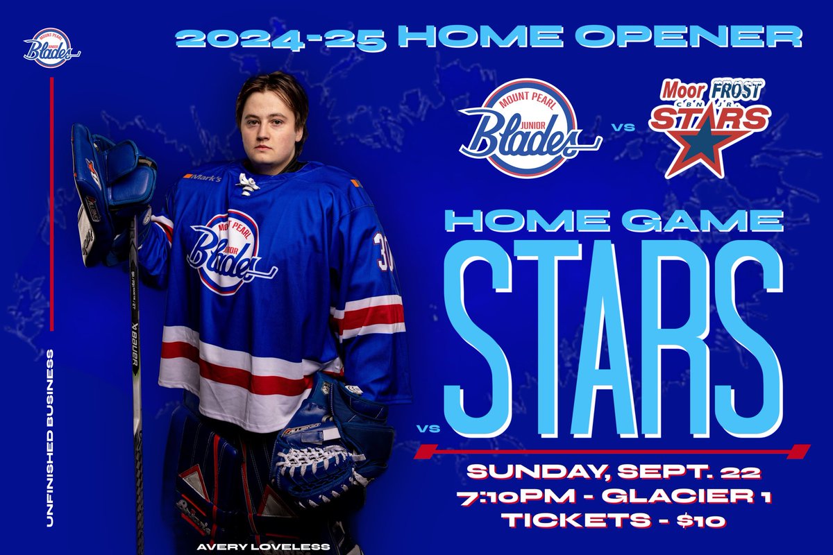 The STARS have aligned for a home opener against one of our biggest rivals!

Mount Pearl Blades vs CBN Stars

📆 - Sunday, September 22nd
⏰ - 7:10pm
🎟️ - $10 ($5 for U12*)

MERCH - affiliated-sports.com/collections/mo…

#UnfinishedBusiness

*Children under 12 must be accompanied by an adult.
