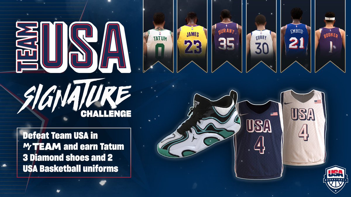 NBA_2K_ES's tweet photo. Si completas el #SignatureChallenge del #TeamUSA puedes ganar unas 👟 Diamante Tatum 3 y los Uniformes de la Selección de 🇺🇸, todo este en #MyTeam.
#NBA2K25 #FamilyNBA2KES https://t.co/Cai5W0Y3Jq