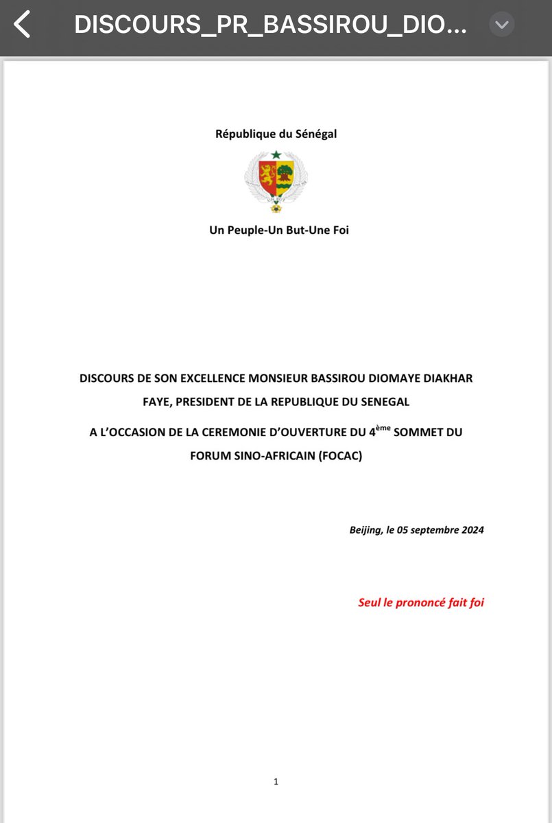 Noo_IDcard's tweet image. DISCOURS DE SON EXCELLENCE MONSIEUR BASSIROU DIOMAYE DIAKHAR FAYE, PRESIDENT DE LA REPUBLIQUE DU SENEGAL
A L’OCCASION DE LA CEREMONIE D’OUVERTURE DU 4ème SOMMET DU FORUM SINO-AFRICAIN (FOCAC)
Lien : drive.google.com/file/d/15HQKSC…