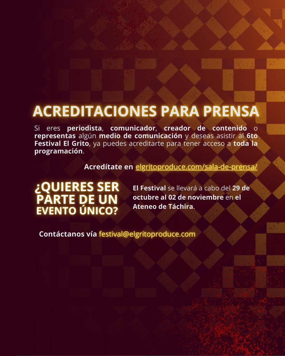 Si eres periodista, comunicador, creador de contenido, locutor o representas algún medio de comunicación en cualquier formato, puedes formar parte de nuestro evento 🎥

No te quedes por fuera del evento más fantástico de Venezuela 👽