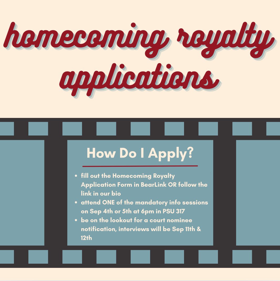 Applications for the 2024 Homecoming Court are due THIS FRIDAY, September 6th at 11:59pm! Follow the steps below to apply 🐻👑