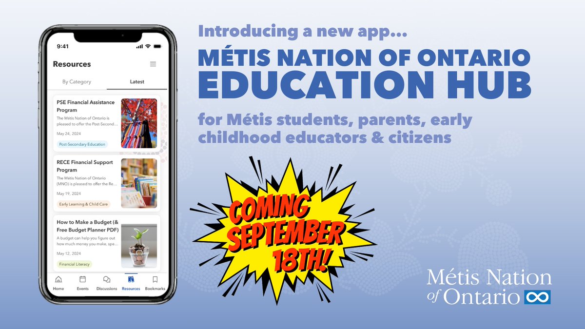 The Métis Nation of Ontario is launching an Education Hub app on Sept 18! Designed for Métis post-secondary students &amp; early childhood educators, this app offers events, discussions, financial aid, teaching resources, mentorship &amp; more. Explore it first! linktr.ee/mnoeducationhub