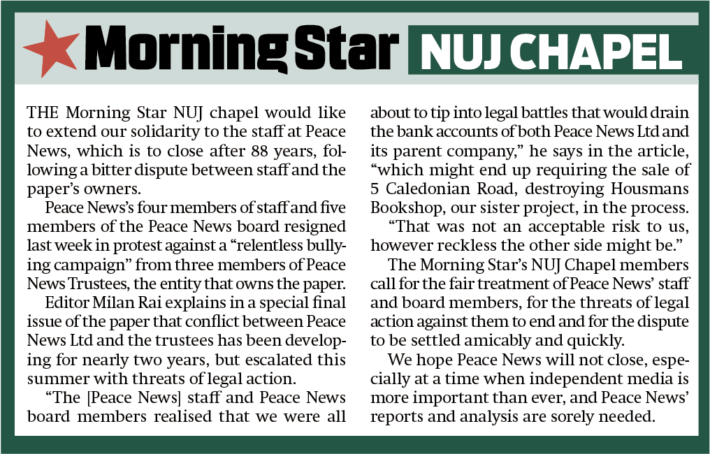 peace_news (@peace_news) on Twitter photo Thank you to the <a href="/M_Star_Online/">Morning Star</a> NUJ Chapel for this statement
Please follow the #PeaceNewsFour on social media and sign-up to their email list:
Facebook: tinyurl.com/peacenewsfourf…
Twitter: x.com/peacenewsfour
Email list: j-n-v.org/contact-us-ema… Thank you to the <a href="/M_Star_Online/">Morning Star</a> NUJ Chapel for this statement
Please follow the #PeaceNewsFour on social media and sign-up to their email list:
Facebook: tinyurl.com/peacenewsfourf…
Twitter: x.com/peacenewsfour
Email list: j-n-v.org/contact-us-ema…
