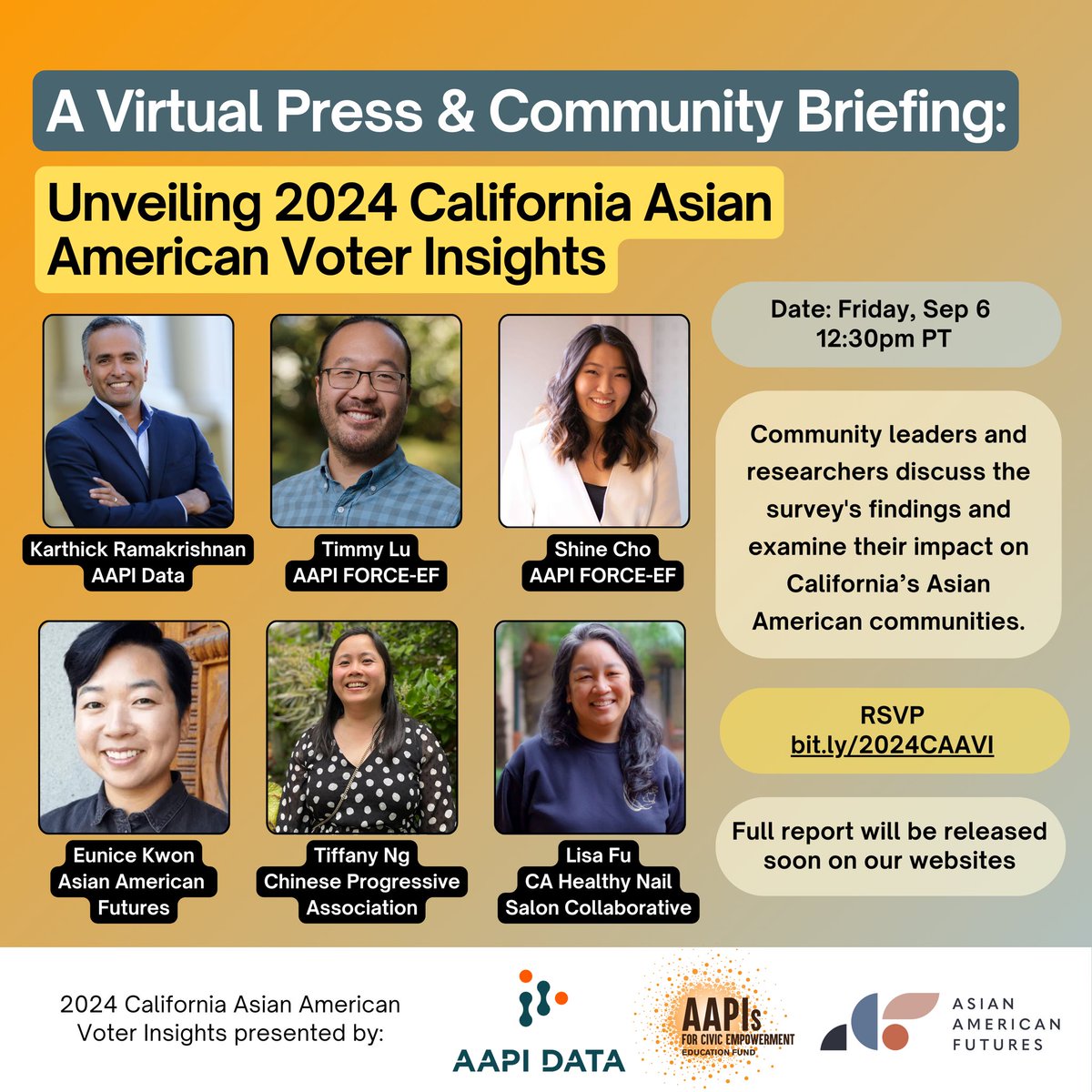 🗳️💭Curious about the political attitudes, voter intentions, and policy priorities of #AAPIVoters in California?

Join us this Friday (9/6) for a virtual briefing on the 2024 California Asian American Voter Insights survey.

🔗 RSVP: bit.ly/2024CAAVI