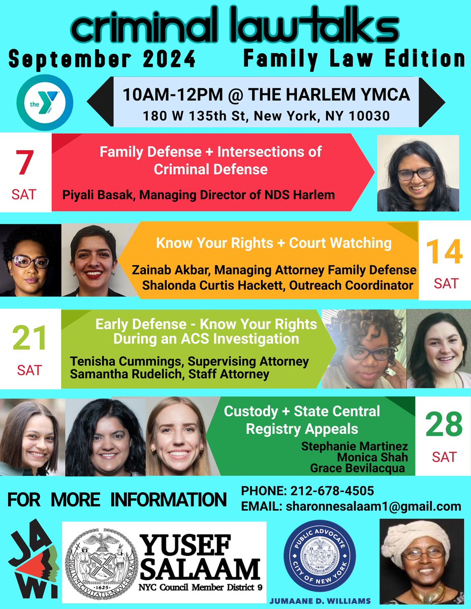 NeighborhoodDef's tweet image. This Saturday 9/7 is the 1st of our Family Law series, kicking off w/NDS-Harlem’s new Managing Director, Piyali Basak! Join us from 10 am-noon at the Harlem YMCA. #knowyourrights!
