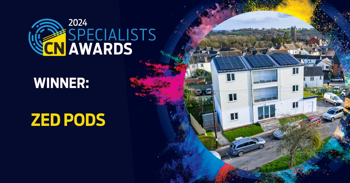 Taking home the award for Project of the Year by a Specialist Contractor (subcontract up to £2m) is <a href="/ZEDpods/">@zedpods</a>. TThe judges said that the ZedPods presentation was excellent, rich in content, and supported by strong evidence.  #WellDone #CNSpecialistsAwards
