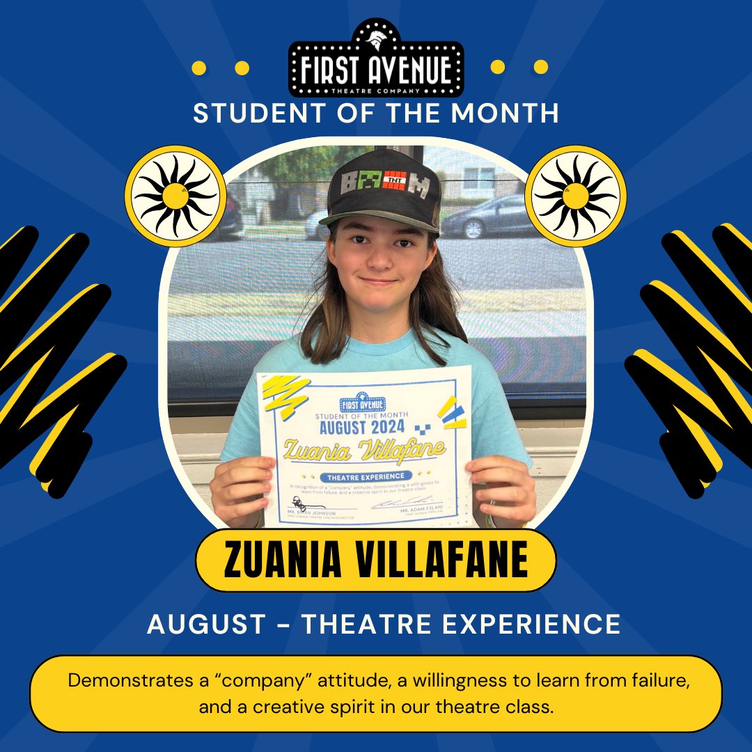 First Avenue Theatre Company (@1stavetheatreco) on Twitter photo We’d like to recognize our three (one for each of the levels of theatre offered <a href="/FirstAveMS/">First Ave Spartans</a>) Students of the Month for August 2024. These students stood out, amidst a sea of wonderfully engaged students at FA, for having a “company” attitude, and creating amazing work in class. We’d like to recognize our three (one for each of the levels of theatre offered <a href="/FirstAveMS/">First Ave Spartans</a>) Students of the Month for August 2024. These students stood out, amidst a sea of wonderfully engaged students at FA, for having a “company” attitude, and creating amazing work in class.