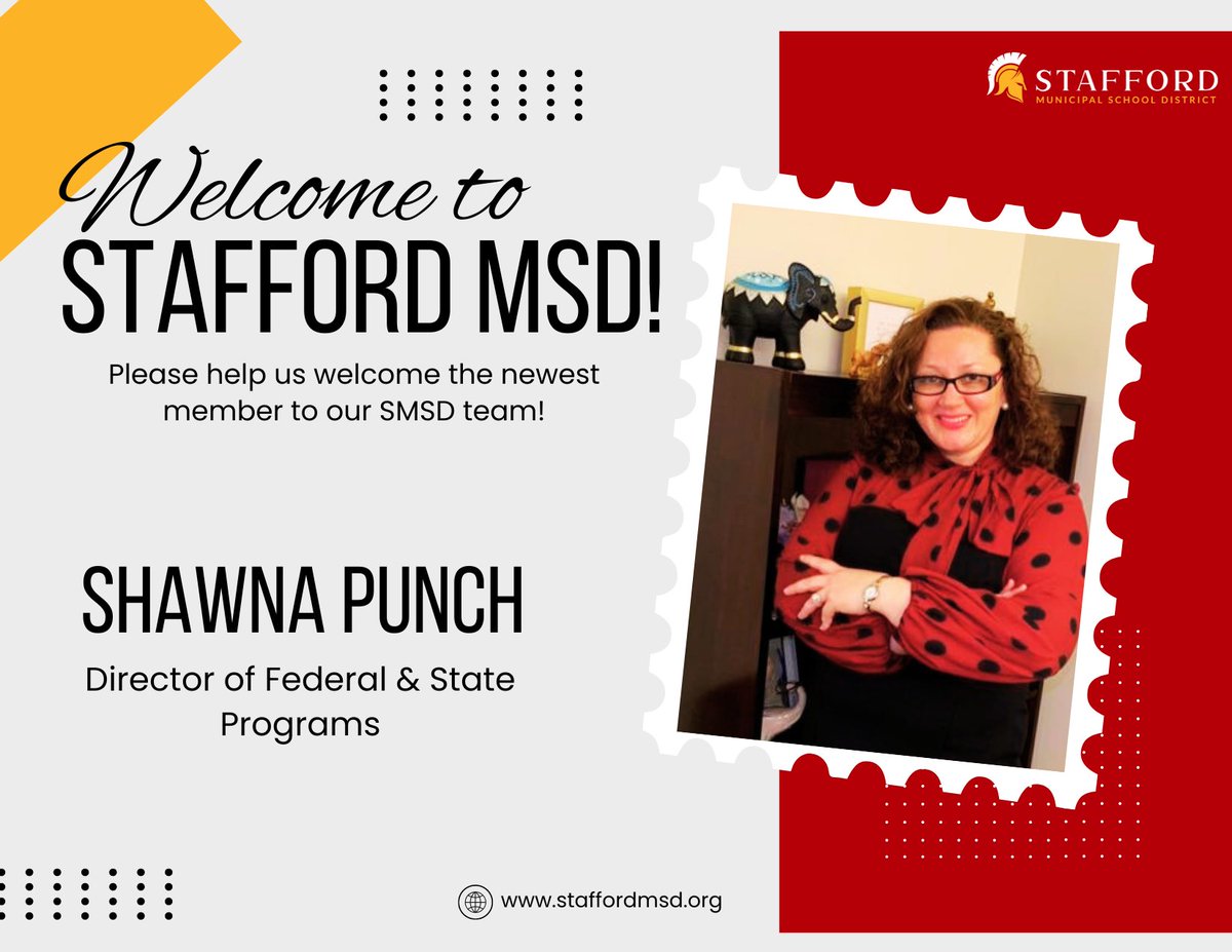 StaffordMSD's tweet image. SMSD is happy to welcome Ms. Shawna Punch to our team as the new Director of Federal & State Programs! Please help us give her a warm welcome. View her full bio on our website at bit.ly/3XxE2Zm