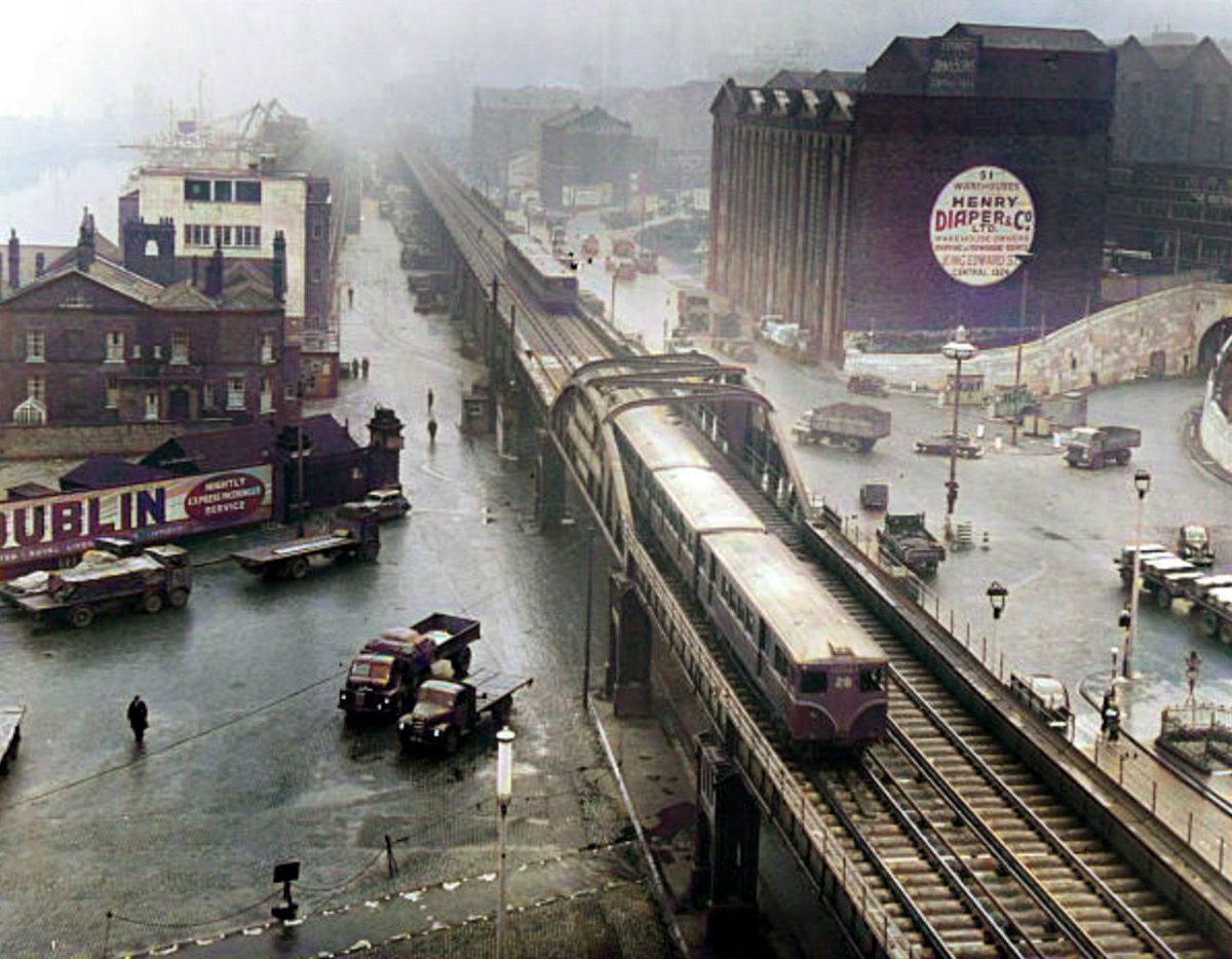 Another photo -Colourised aerial view of the Liverpool Overhead Railway (1955)