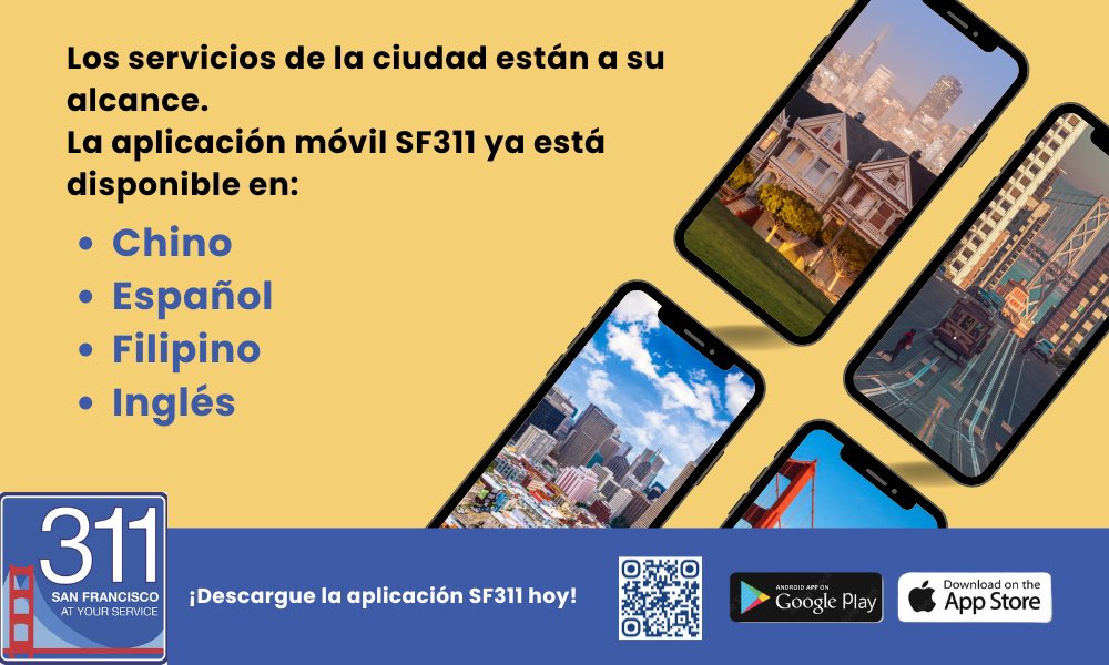 CarmenChuSF's tweet photo. Necesita reportar un acera quebrada o un arbol caido? Con unos pocos pasos, puede solicitar servicios de la ciudad. ¡Descargue la aplicación móvil SF311 para Android o iPhone hoy! https://t.co/8iXaoqvshA
