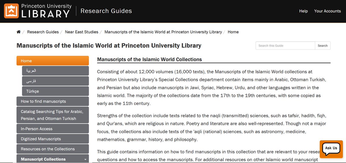 MELA (@melalibs) on Twitter photo New manuscripts research guide from @djschle and <a href="/PULibrary/">Princeton University Library</a>
"Manuscripts of the Islamic World collections at Princeton University Library"
libguides.princeton.edu/c.php?g=132454…
Includes guidance in Arabic, Persian, and Turkish New manuscripts research guide from @djschle and <a href="/PULibrary/">Princeton University Library</a>
"Manuscripts of the Islamic World collections at Princeton University Library"
libguides.princeton.edu/c.php?g=132454…
Includes guidance in Arabic, Persian, and Turkish