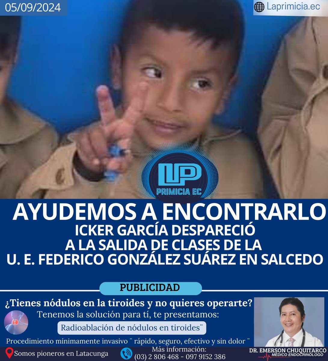 🔴 #URGENTE 🔴 AYUDEMOS A ENCONTRARLO
MENOR DESAPARECIÓ A LA SALIDA DE LA CLASES
Si alguien lo ve por #Salcedo #Cotopaxi o sus alrededores por favor llamar a la Policía, responde a los nombres de  GARCÍA ARTEAGA ICKER FABIÁN de la U. E. Federico González Suárez.