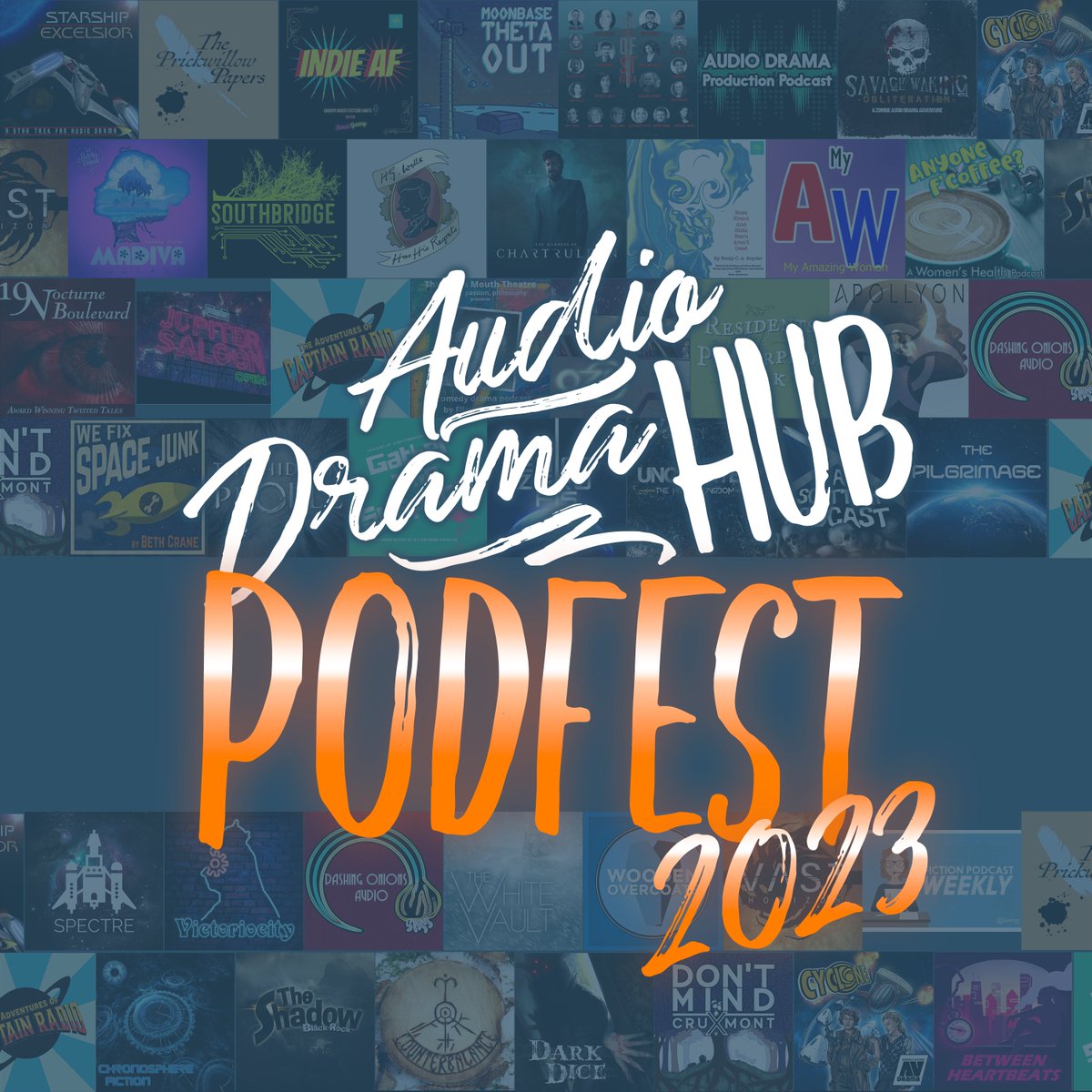 Hey Audiodrama folks! 
I'm looking to update the mural in the background of this image with covers of contemporary shows active in 2024. If you'd like your show included on the new mural for #Audiodrama #Podfest, post your cover art in the comments please!