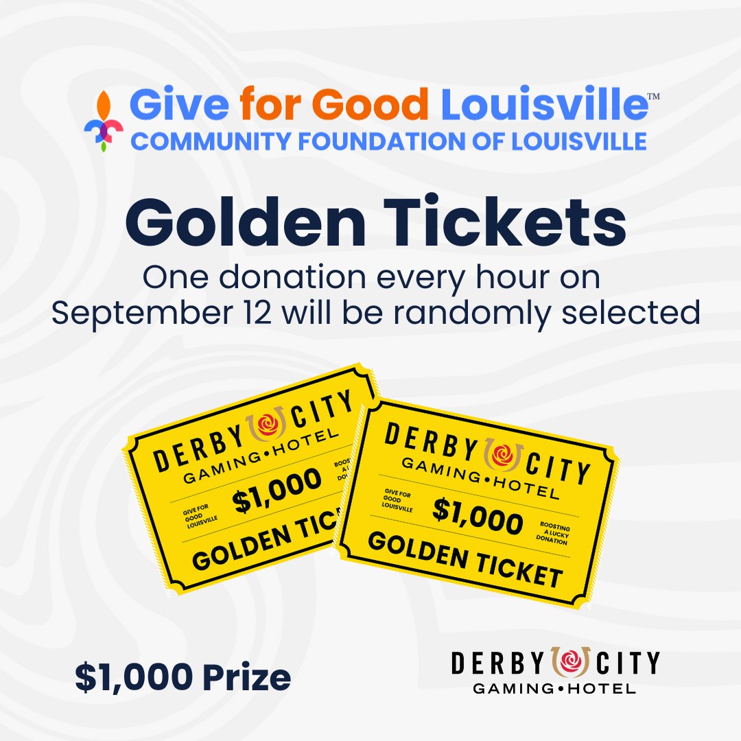Excited for #GiveForGoodLou! 🎉

During each hour, a lucky donation gets a $1,000 Derby City Gaming Golden Ticket—turning $10 into $1,010! 💰

Give now: bit.ly/NHSLCGiveForGo… 🙌💙