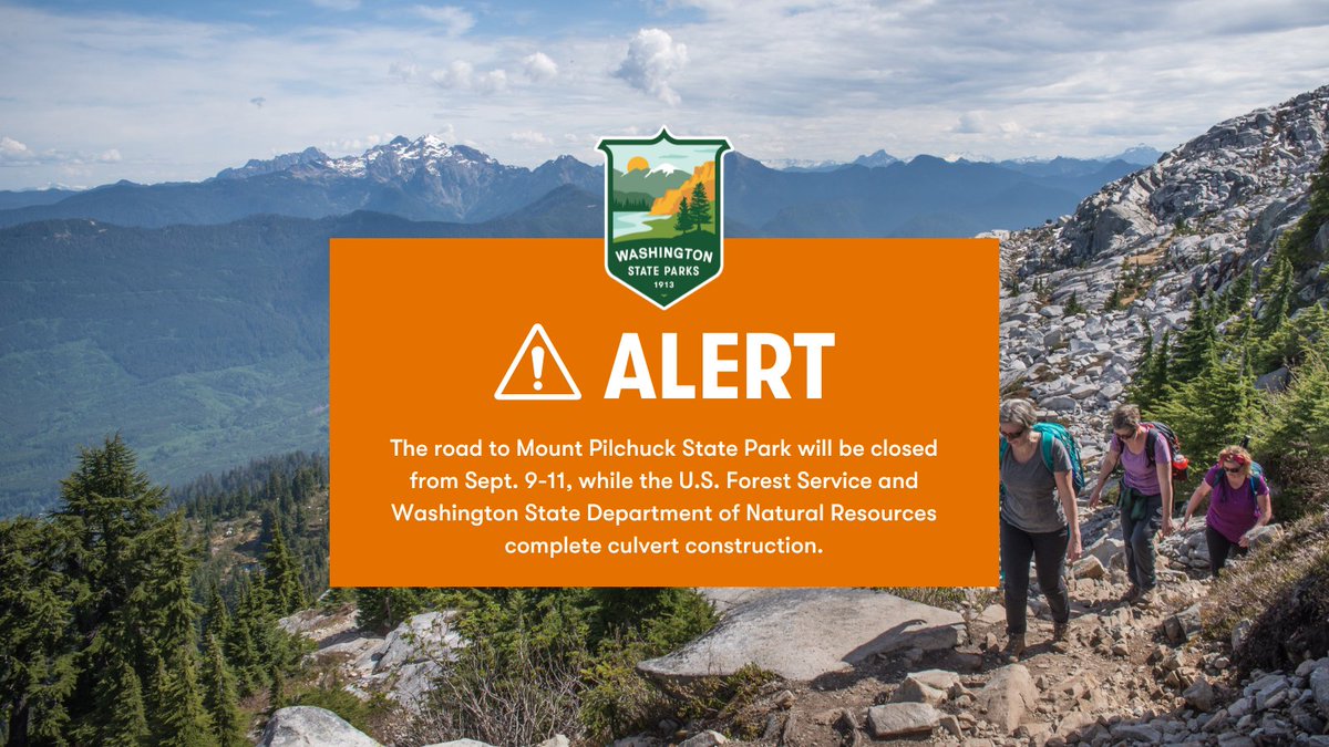 Washington State Parks & Recreation Commission (@wastatepks) on Twitter photo The road to Mount Pilchuck State Park will be closed from Sept. 9-11, while the <a href="/forestservice/">USDA Forest Service</a> and <a href="/waDNR/">Washington State Dept. of Natural Resources</a> complete culvert construction. This work will update the drainage infrastructure to reduce the risk of erosion and help keep the road, and access to the park, in good shape. The road to Mount Pilchuck State Park will be closed from Sept. 9-11, while the <a href="/forestservice/">USDA Forest Service</a> and <a href="/waDNR/">Washington State Dept. of Natural Resources</a> complete culvert construction. This work will update the drainage infrastructure to reduce the risk of erosion and help keep the road, and access to the park, in good shape.