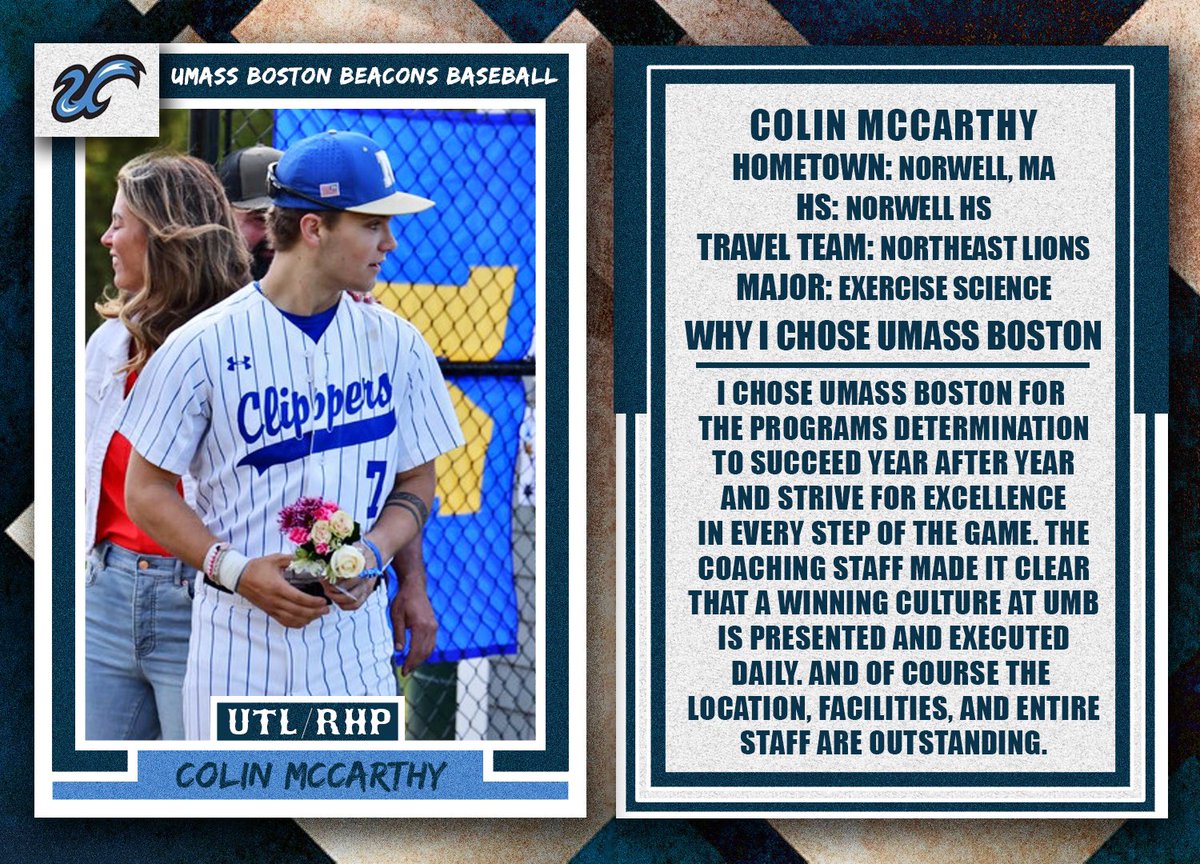 Introducing Utility/RHP Colin McCarthy from Norwell, MA. He played for Northeast Lions. Hear what he has to say about coming to Umass Boston. #RollBeacs #FeedTheMeter #FindAWay