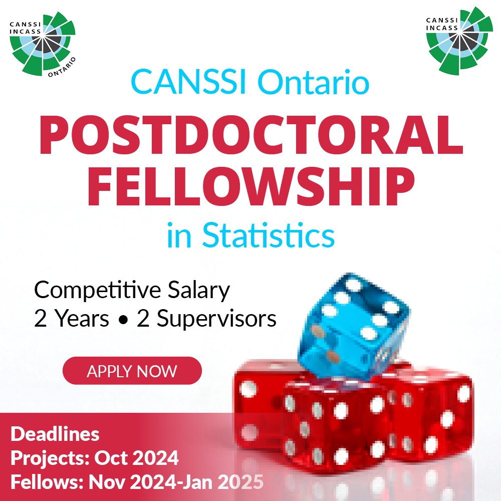 CANSSI Ontario (@canssiontario) on Twitter photo 📢 Upcoming Opportunity: <a href="/CANSSIOntario/">CANSSI Ontario</a> Postdoctoral Fellowship in Statistics.
It provides salary support (up to $70K) for postdocs in all areas of statistical sciences.
Due Dates
Faculty Projects: Oct 2024
Postdocs: Nov 2024–Jan 2025
ℹ️ bit.ly/3QWqkfE
<a href="/CANSSIINCASS/">CANSSI - INCASS</a> 📢 Upcoming Opportunity: <a href="/CANSSIOntario/">CANSSI Ontario</a> Postdoctoral Fellowship in Statistics.
It provides salary support (up to $70K) for postdocs in all areas of statistical sciences.
Due Dates
Faculty Projects: Oct 2024
Postdocs: Nov 2024–Jan 2025
ℹ️ bit.ly/3QWqkfE
<a href="/CANSSIINCASS/">CANSSI - INCASS</a>