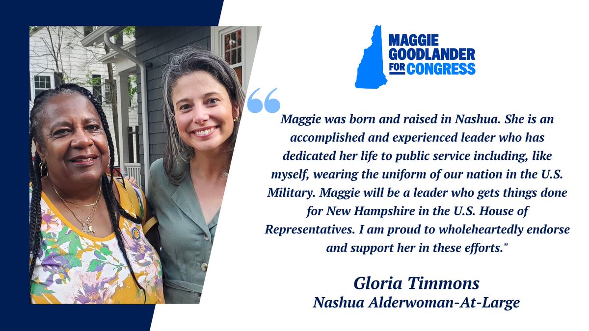 MaggieG603's tweet image. I’m honored to have the support of Nashua Alderwoman-At-Large Gloria Timmons. Gloria has dedicated her career to public service and I’m grateful for her trust. #NHPolitics