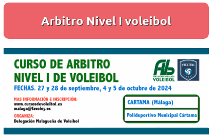 📢 Convocado CURSO ARBITRO/A NIVEL I DE VOLEIBOL en CARTAMA (MALAGA) por <a href="/DeMalaguena/">Delegación Malagueña de Voleibol (FAVB)</a>, los días 27 y 28 de septiembre, 4 y 5 de octubre de 2024. 100% presencial. Límite de inscripción 24/09 +info en cursosdevoleibol.es #FormacionFAVb #ArbitrosVb