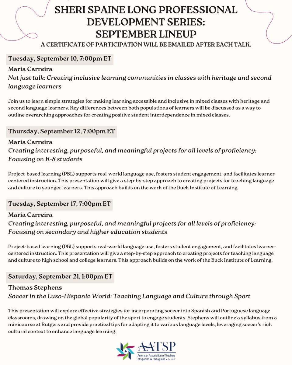 We are pleased to announce our September lineup for the 2024 Fall Sheri Spaine Long Professional Development Series!

To register for these talks, please visit our website using the link below.
buff.ly/3XcIQBP

#aatsp #aatsp24 #aatsp2024 #professionaldevelopment