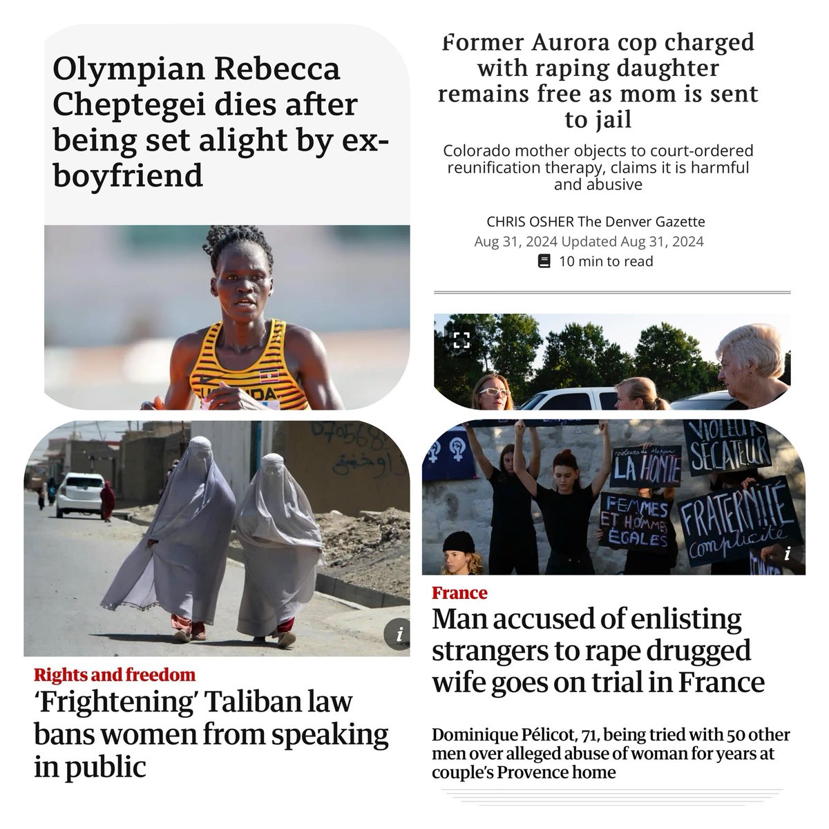 laurarichards99's tweet image. The headlines the last few days have been saturated with male terrorism of women:

Men erasing our rights &amp;amp; women from public life, abusing women, murdering women in barbaric acts in broad daylight in front of children 

#MaleViolence #Femicide #RebeccaCheptegei #MaleTerrorism