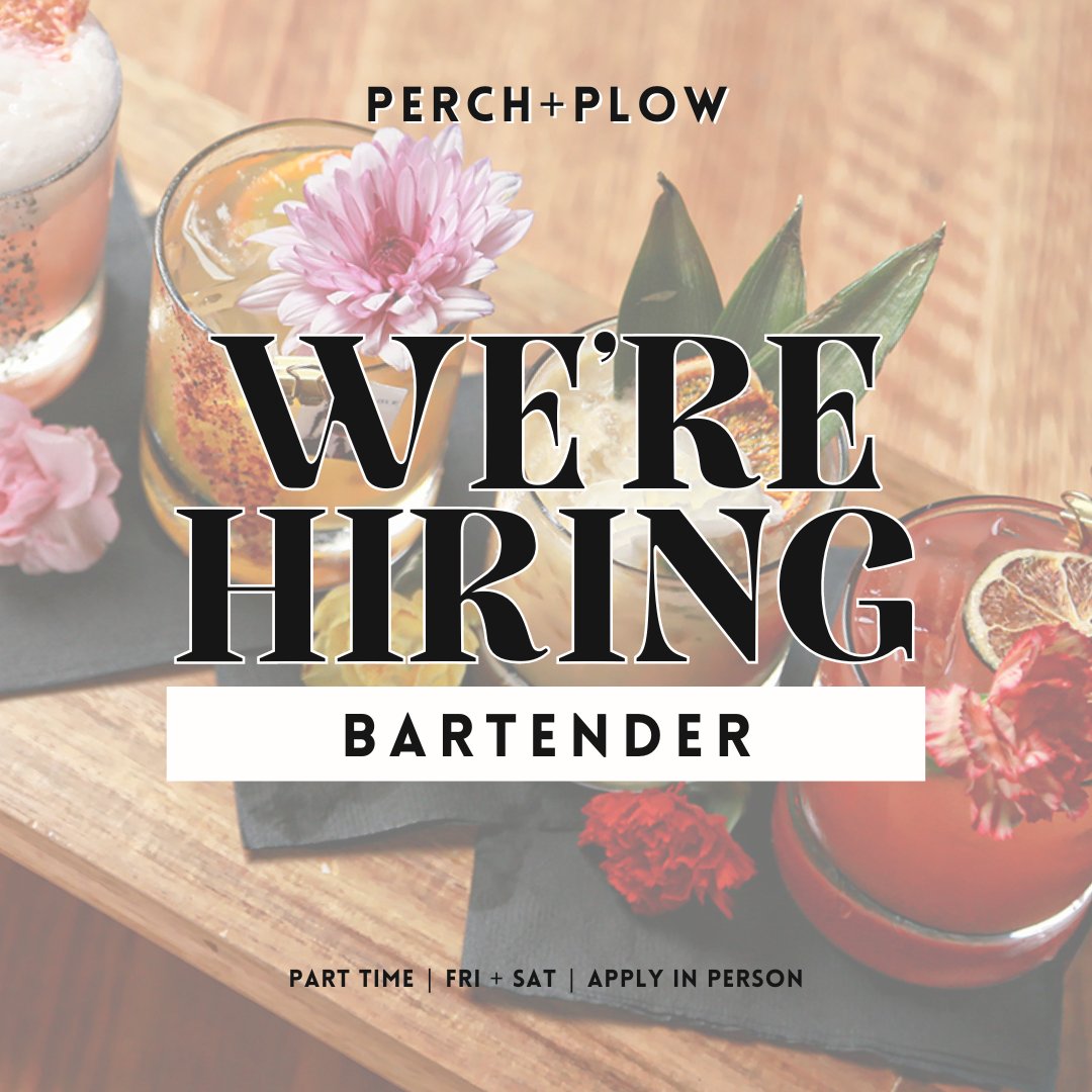 We are currently searching for a weekend Bartender to join the Perch team!🥂 This is a part-time position and Friday + Saturday night availability is required. Please drop off your resume in person Weds/Th/Fri/Sat between 4-8pm. We look forward to meeting you!