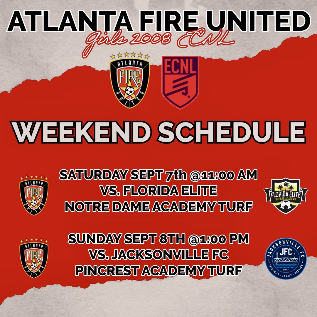 Atlanta Fire United 08G ECNL (@afu_2008_ecnl) on Twitter photo Opening Weekend for <a href="/ECNLSoutheast/">ECNL Southeast Girls</a> Let’s go! #weareafu🔥
<a href="/TheSoccerWire/">SoccerWire</a> <a href="/onlyGplatform/">The OG Platform</a> <a href="/atlantaunitedsa/">Atlanta Fire United</a> <a href="/DomMartelli/">Dom Martelli</a> <a href="/mirzam78/">Mirza Mustafic</a> <a href="/PrepSoccer/">Prep Soccer ⚽️</a> <a href="/ECNLgirls/">ECNL Girls</a> <a href="/TopDrawerSoccer/">TopDrawerSoccer</a> <a href="/ImCollegeSoccer/">College Soccer Truth ™</a> <a href="/ImYouthSoccer/">ECNL/GA/Recruiting/College Soccer</a> <a href="/jacksonville_fc/">Jacksonville FC</a> Opening Weekend for <a href="/ECNLSoutheast/">ECNL Southeast Girls</a> Let’s go! #weareafu🔥
<a href="/TheSoccerWire/">SoccerWire</a> <a href="/onlyGplatform/">The OG Platform</a> <a href="/atlantaunitedsa/">Atlanta Fire United</a> <a href="/DomMartelli/">Dom Martelli</a> <a href="/mirzam78/">Mirza Mustafic</a> <a href="/PrepSoccer/">Prep Soccer ⚽️</a> <a href="/ECNLgirls/">ECNL Girls</a> <a href="/TopDrawerSoccer/">TopDrawerSoccer</a> <a href="/ImCollegeSoccer/">College Soccer Truth ™</a> <a href="/ImYouthSoccer/">ECNL/GA/Recruiting/College Soccer</a> <a href="/jacksonville_fc/">Jacksonville FC</a>