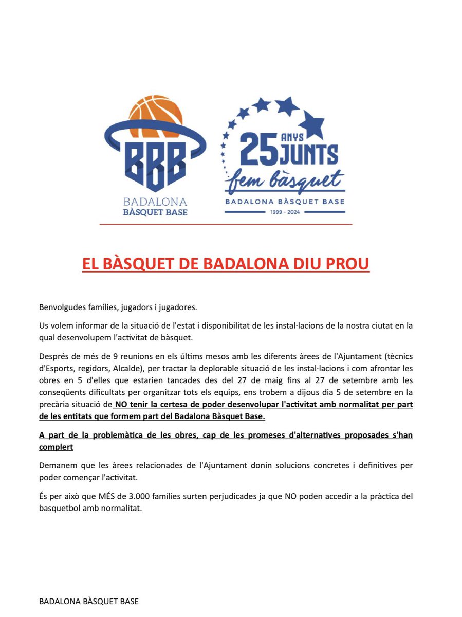 salesiansBDNext's tweet photo. 📄 COMUNICAT OFICIAL DEL BADALONA BÀSQUET BASE - BBB https://t.co/0rWARo17tQ