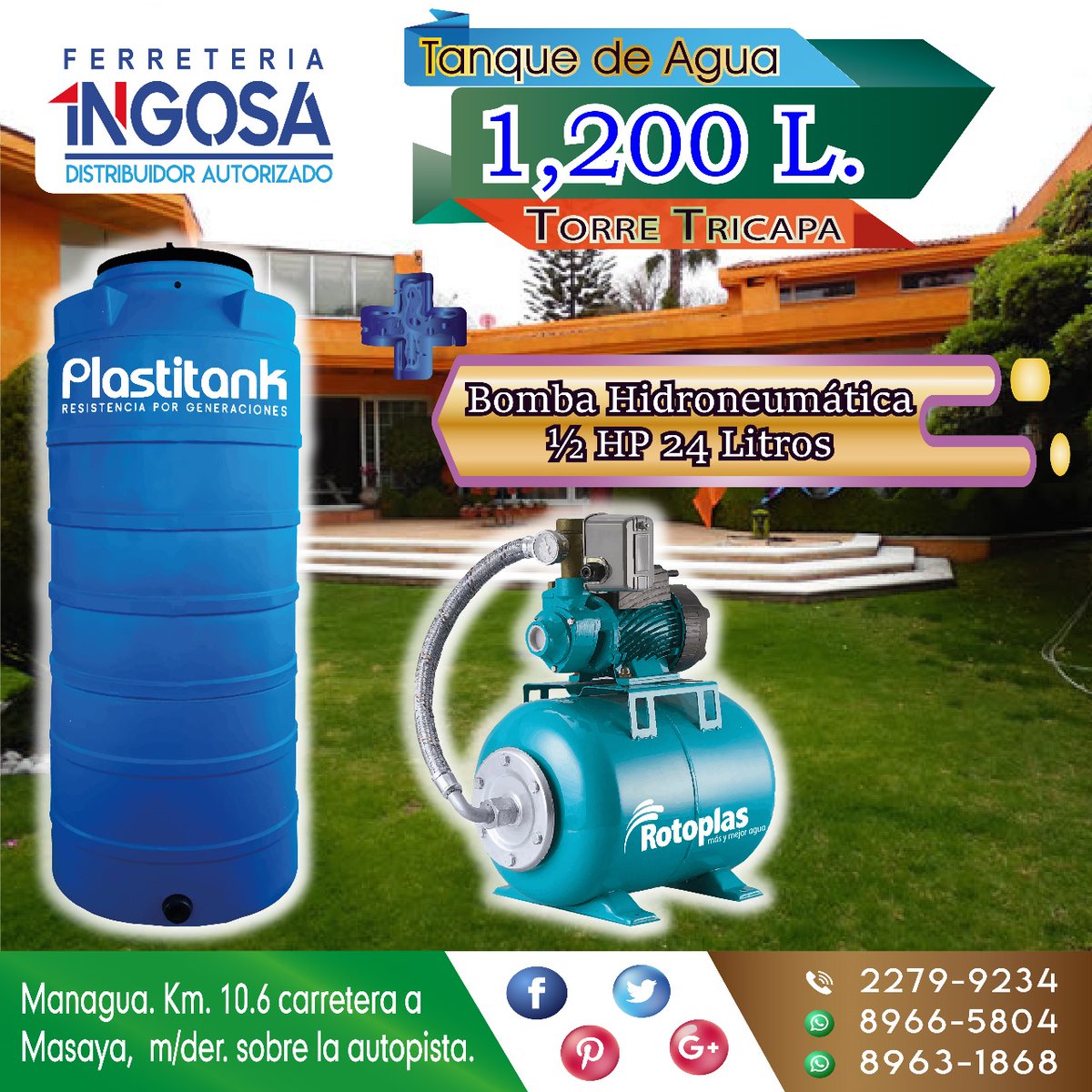 Conozcamos el 𝐓𝐚𝐧𝐪𝐮𝐞  Plastitank #𝐓𝐎𝐑𝐑𝐄.
•  𝑪𝒂𝒑𝒂𝒄𝒊𝒅𝒂𝒅: 𝟏,𝟐𝟎𝟎 𝐥𝐭𝐬.
•  𝑴𝒆𝒅𝒊𝒅𝒂𝒔: 𝟐‧𝟏𝟎 𝐦𝐭‧ ᴅᴇ ᴀʟᴛᴏ 𝐲 𝟎‧𝟖𝟓 𝐦𝐭‧ 𝐝𝐞 𝐝𝐢𝐚́𝐦𝐞𝐭𝐫𝐨.
𝐂𝐨𝐧𝐭á𝐜𝐭𝐚𝐧𝐨𝐬: #2279 9234 / #8966 5804  / #89631868. Km. 10.6 de c. a Masaya, m/der.