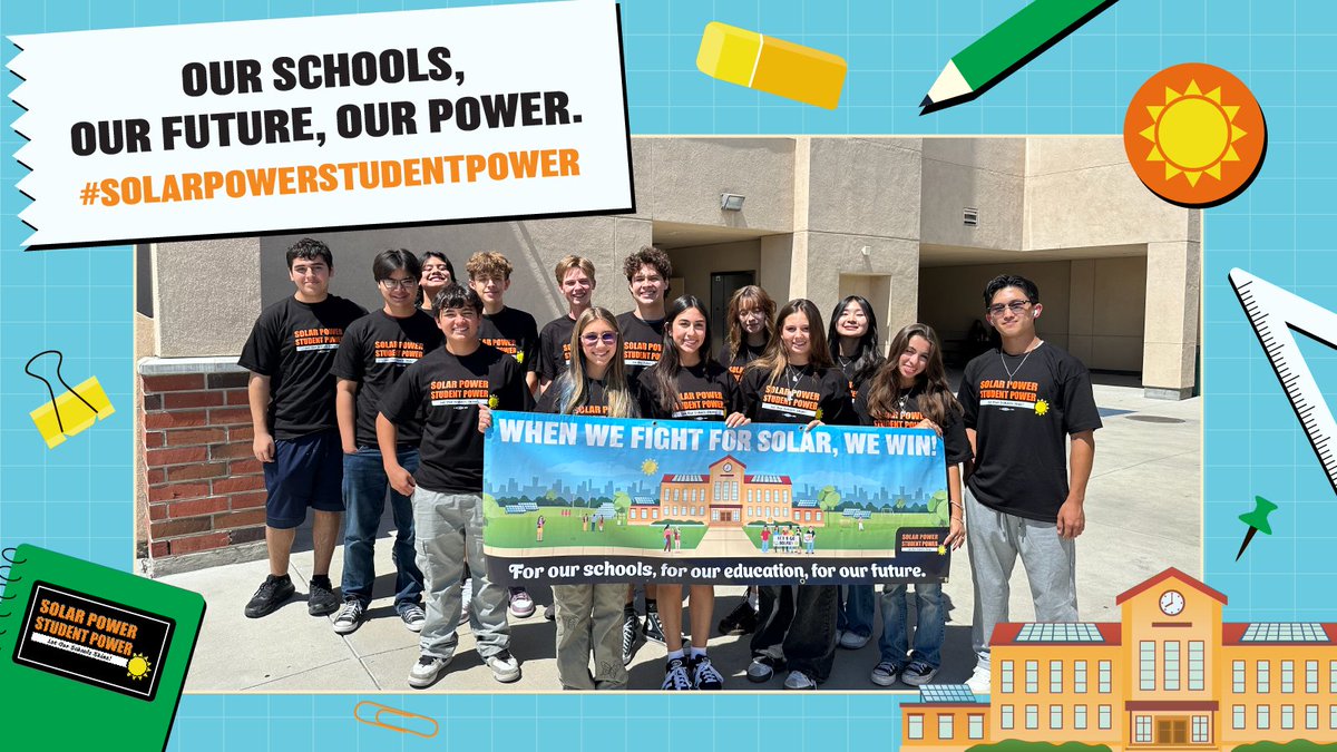 Today, students across California are rallying for solar power. We stand with CA students fighting for #SolarSchools! 🏫⚡

<a href="/GavinNewsom/">Gavin Newsom</a>, SB 1374 is a win-win for education and the climate. It's time to #SignSB1374 and invest in our students futures. 

#SolarPowerStudentPower