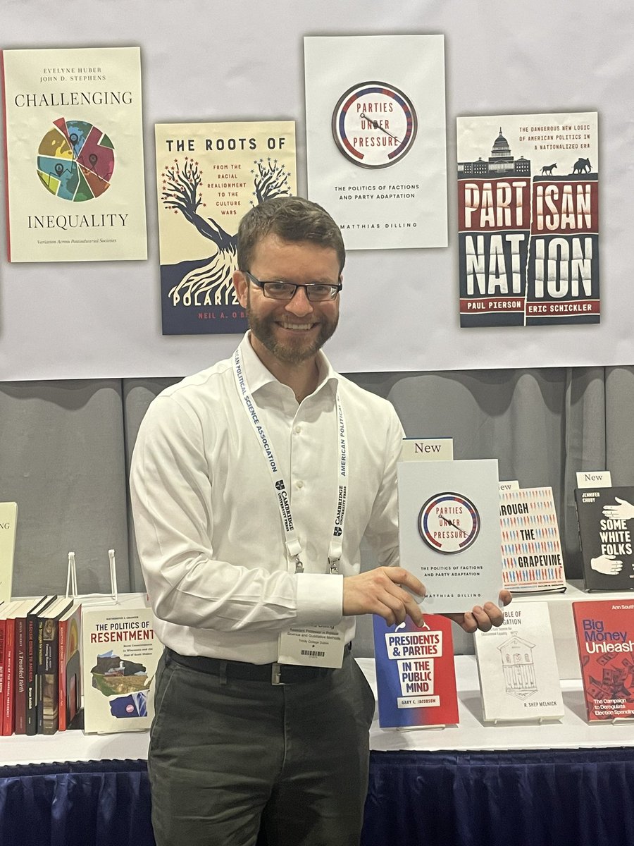 This is a long time coming! Love seeing <a href="/MatthiasDilling/">Matthias Dilling</a> with his new <a href="/UChicagoPress/">UChicagoPress</a> book,  Parties Under Pressure—a fascinating,  comparative-historical look at why some parties adapt to changing environments while others flounder that highlights the role of party factions.