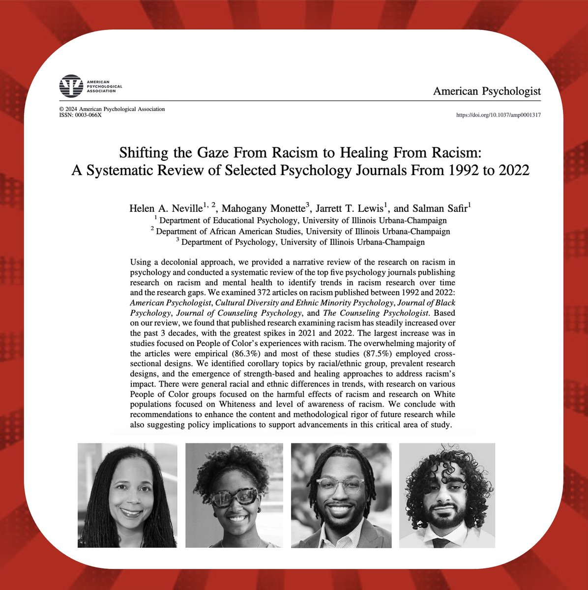 Helen Neville (@helenneville12) on Twitter photo What an honor to receive news today that our American Psychologist article was selected as an <a href="/APA_Journals/">APA Journals</a> Editor’s Choice.
<a href="/MahoganyAlexus/">Mahogany Monette</a> <a href="/JarrettTLewis/">Jarrett Lewis</a> @salmanpsyc
The article is open access for 30 days: psycnet.apa.org/fulltext/2024-… What an honor to receive news today that our American Psychologist article was selected as an <a href="/APA_Journals/">APA Journals</a> Editor’s Choice.
<a href="/MahoganyAlexus/">Mahogany Monette</a> <a href="/JarrettTLewis/">Jarrett Lewis</a> @salmanpsyc
The article is open access for 30 days: psycnet.apa.org/fulltext/2024-…