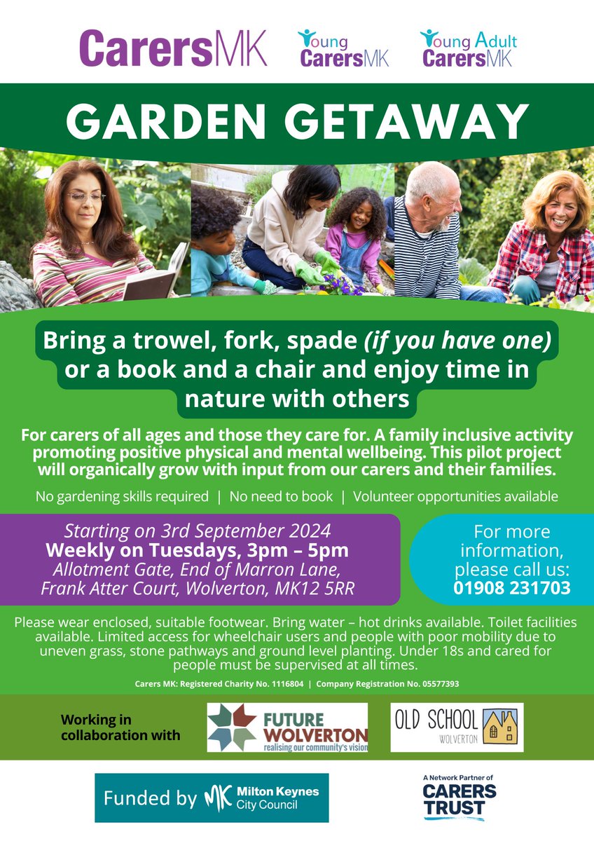 🌱GARDEN GETAWAY🌱
Join us tomorrow (10th Sept), 3pm – 5pm at Allotment Gate, MK12 5RR for a family inclusive activity promoting positive physical and mental wellbeing. For carers of all ages and those they care for.

Working in collaboration with <a href="/futurewolverton/">Future_Wolverton</a> &amp; <a href="/OldSchWolv/">Old School</a>.