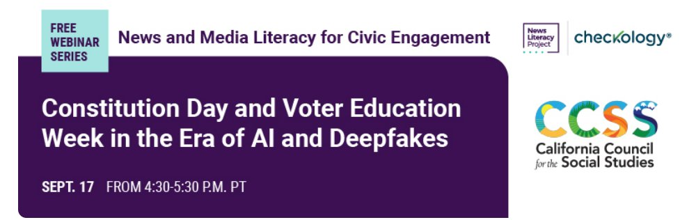 Dr. Scott M. Petri (@scottmpetri) on Twitter photo Don't miss this FREE webinar from <a href="/CAsocialstudies/">California Council for the Social Studies</a> & <a href="/NewsLitProject/">The News Literacy Project</a> on September 17, 2024 from 4:30-5:30 PM PT. Join us for #ConstitutionDay and #VoterEducationWeek in the Era of AI Deep Fakes. newslitproject.zoom.us/meeting/regist… #sschat #medialiteracy Don't miss this FREE webinar from <a href="/CAsocialstudies/">California Council for the Social Studies</a> & <a href="/NewsLitProject/">The News Literacy Project</a> on September 17, 2024 from 4:30-5:30 PM PT. Join us for #ConstitutionDay and #VoterEducationWeek in the Era of AI Deep Fakes. newslitproject.zoom.us/meeting/regist… #sschat #medialiteracy