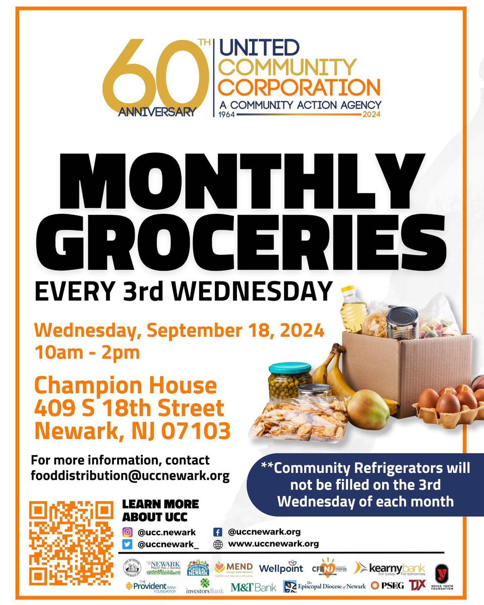 Join us Wednesday, September 18, at Champion House Food Pantry for our Monthly Food Distribution! It will take place from 10 a.m. to 2 p.m.

This distribution is made possible by <a href="/CFBNJ/">Community FoodBank of New Jersey</a> Episcopal Diocese of Newark, Devils Youth Foundation <a href="/wellpoint/">Wellpoint</a> <a href="/ProvidentBank/">Provident Bank</a> <a href="/PSEGNews/">PSEG</a> ⬇️