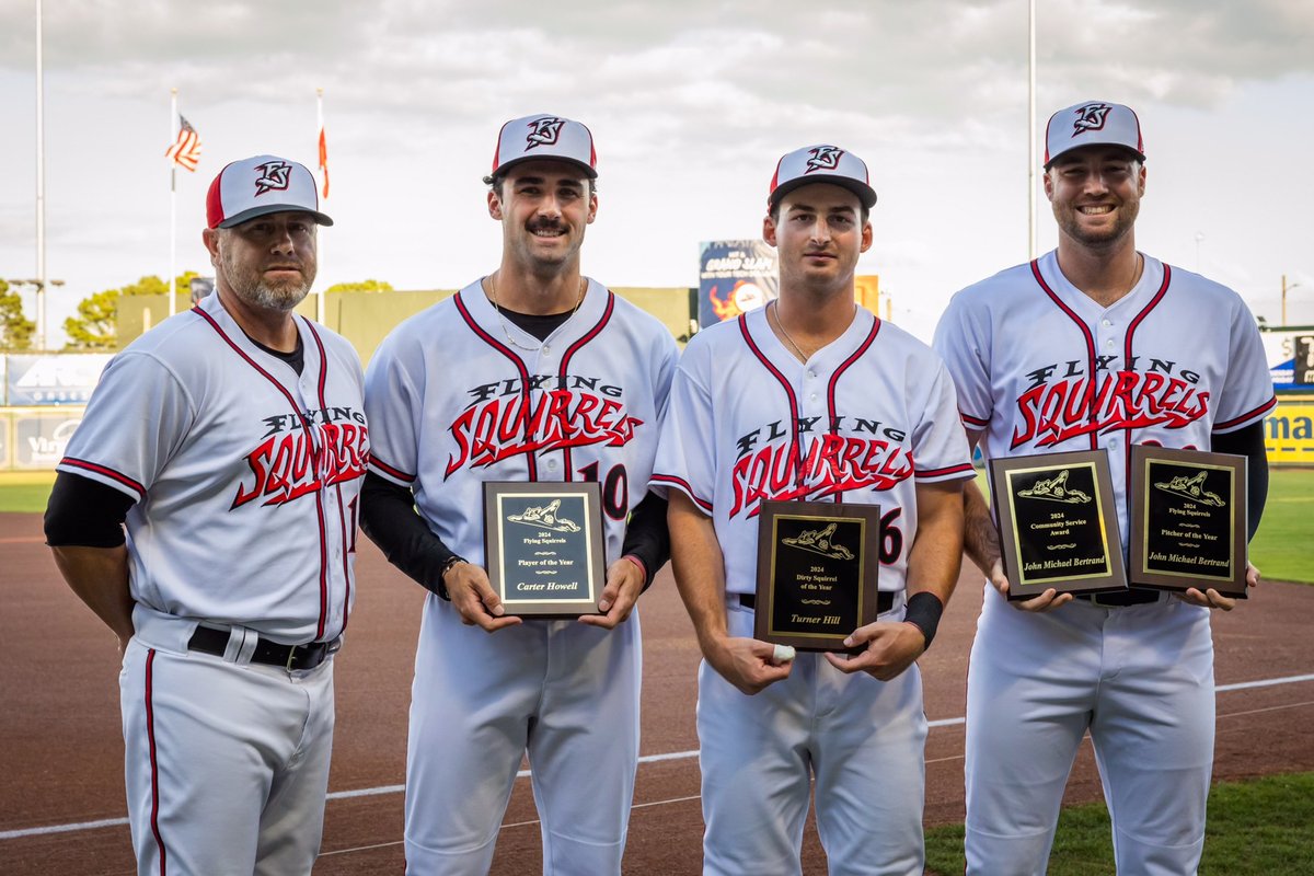 Presenting your 2024 Flying Squirrels award winners!

⚾️ Player of the Year: Carter Howell
⚾️ Pitcher of the Year: John Michael Bertrand
⚾️ Puritan Cleaners Dirty Squirrel: Turner Hill
⚾️ Community Service Award: John Michael Bertrand

📰 atmilb.com/3Xi9fhA