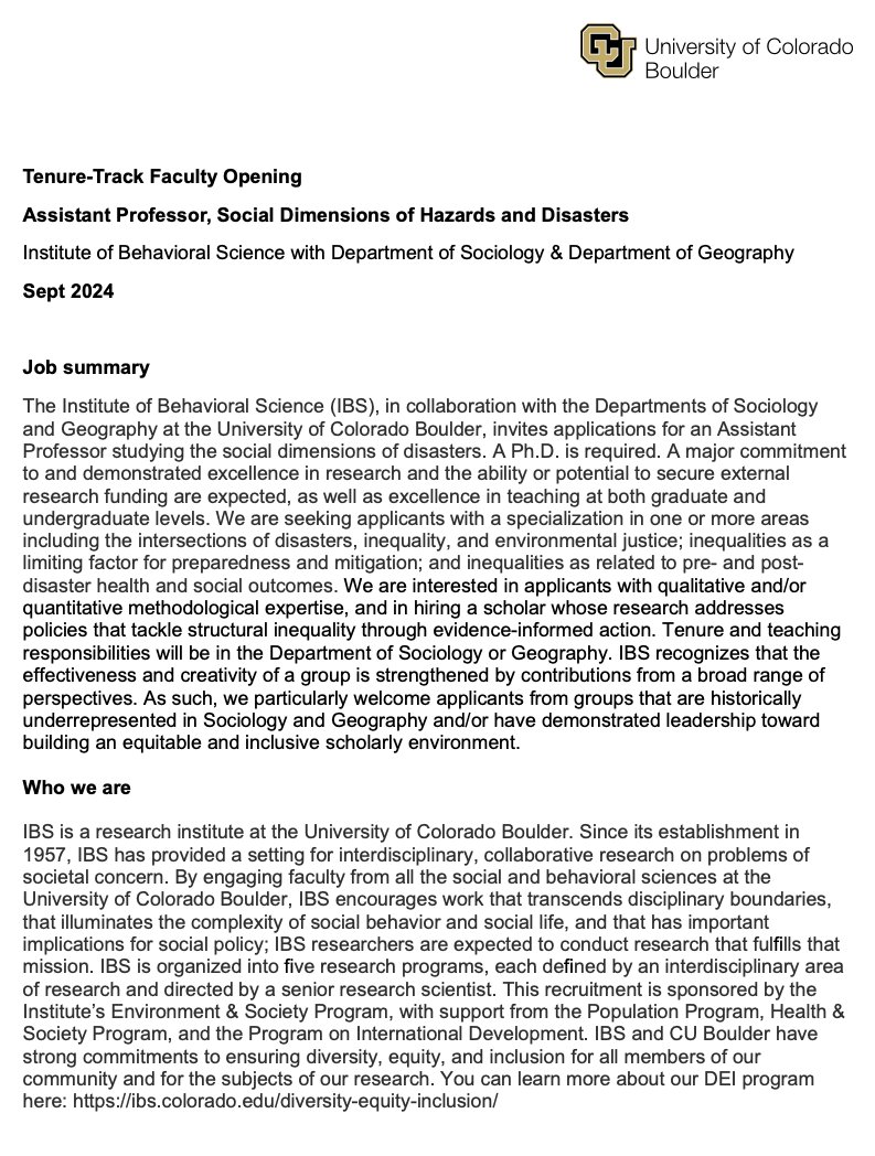 David Pyrooz (@dpyrooz) on Twitter photo Two possible tenure track positions <a href="/CUBoulder_SOCY/">Department of Sociology CU Boulder</a>
1) medical sociology / social demographer, rostered in sociology
2) social dimensions of hazards/disasters, rostered in the Institute of Behavioral Science
Details below
jobs.colorado.edu/jobs/JobDetail… Two possible tenure track positions <a href="/CUBoulder_SOCY/">Department of Sociology CU Boulder</a>
1) medical sociology / social demographer, rostered in sociology
2) social dimensions of hazards/disasters, rostered in the Institute of Behavioral Science
Details below
jobs.colorado.edu/jobs/JobDetail…