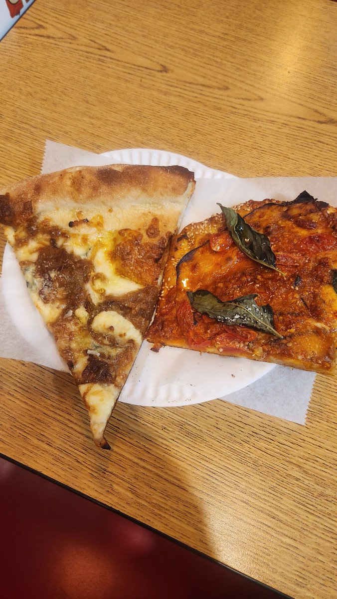 bkjay101's tweet photo. @TimeOutNewYork These two delicious slices; a white slice with caramelized onions and a spicy eggplant slice are from Joe &amp;Sal's on Franklin ave in Bklyn.  Thoughts? Review? https://t.co/TyudTYLIae