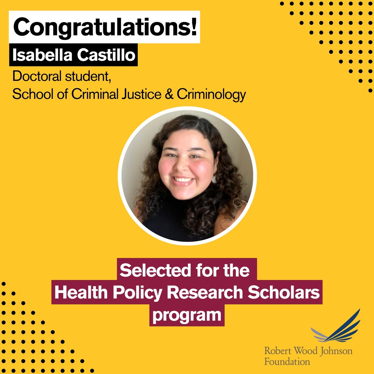 Congrats to #CCJ doctoral student <a href="/IE_Castillo/">Isabella Castillo, MA</a> on her selection for @HRPScholars, advancing our community's #CultureofHealth. We're proud of her achievement! <a href="/RWJF/">RWJF</a>