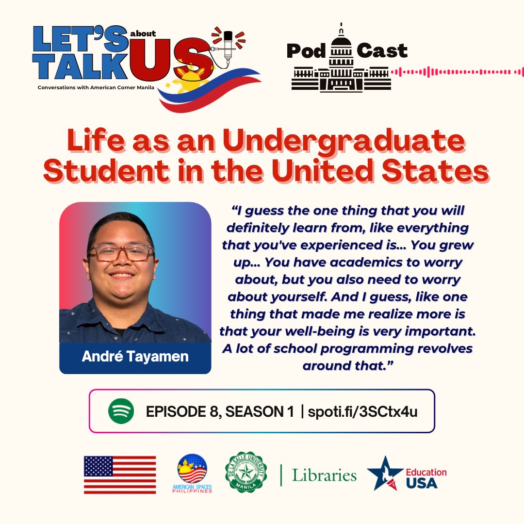 ACManilaPH's tweet photo. [Episode 8, Season 1] What’s it like for a Filipino student in the U.S.? Learn about the challenges and opportunities in our latest episode at https://t.co/ui6G0nY2Kg! 🇵🇭🇺🇸

#AmericanSpacesPhilippines
#ACManila
#DLSULibraries
#LetsTalkAboutUS
#ACManilaAudioAdventure
#Podcast https://t.co/ZBT6PK8HEb