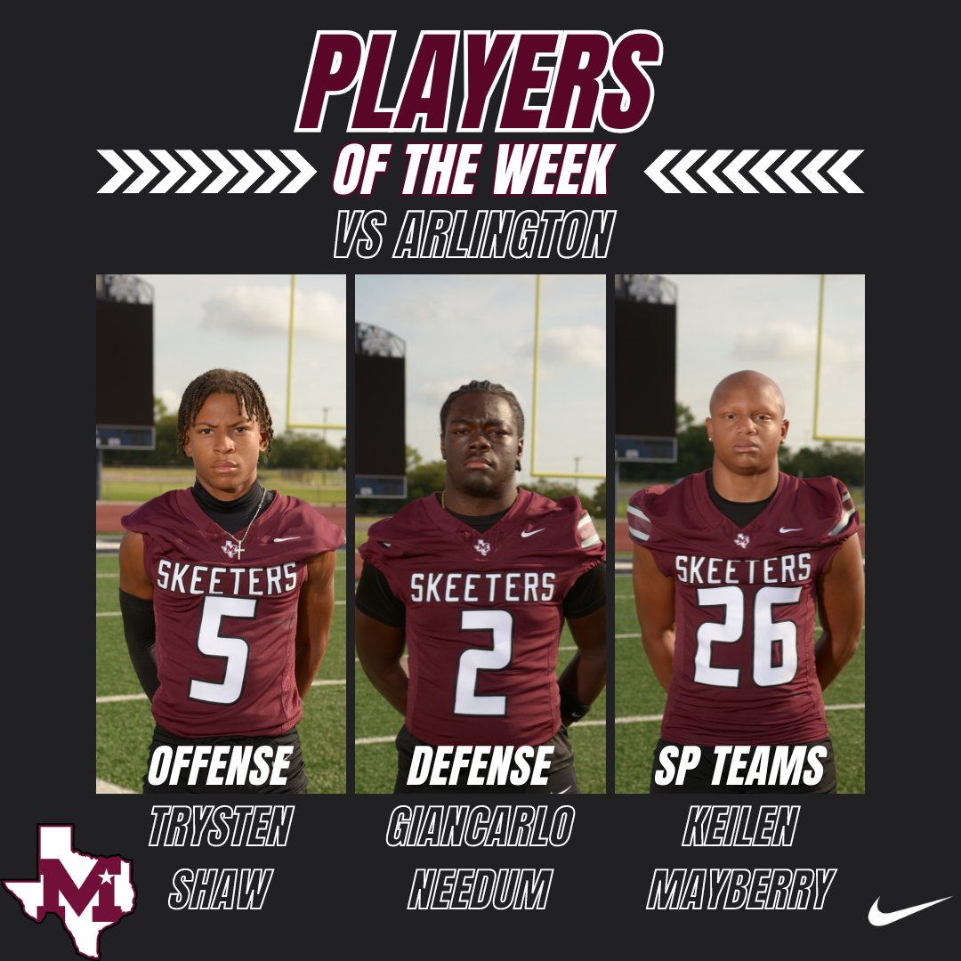Players of the Week vs Arlington!

Offense-<a href="/ShawTrysten/">ROUTE RUNNER -3⭐️</a> 
Defense-<a href="/Giancarlo2026/">Giancarlo</a> 
Special Teams-@ThenextKeilen11 

#NWT2024 #SkeeterPRIDE