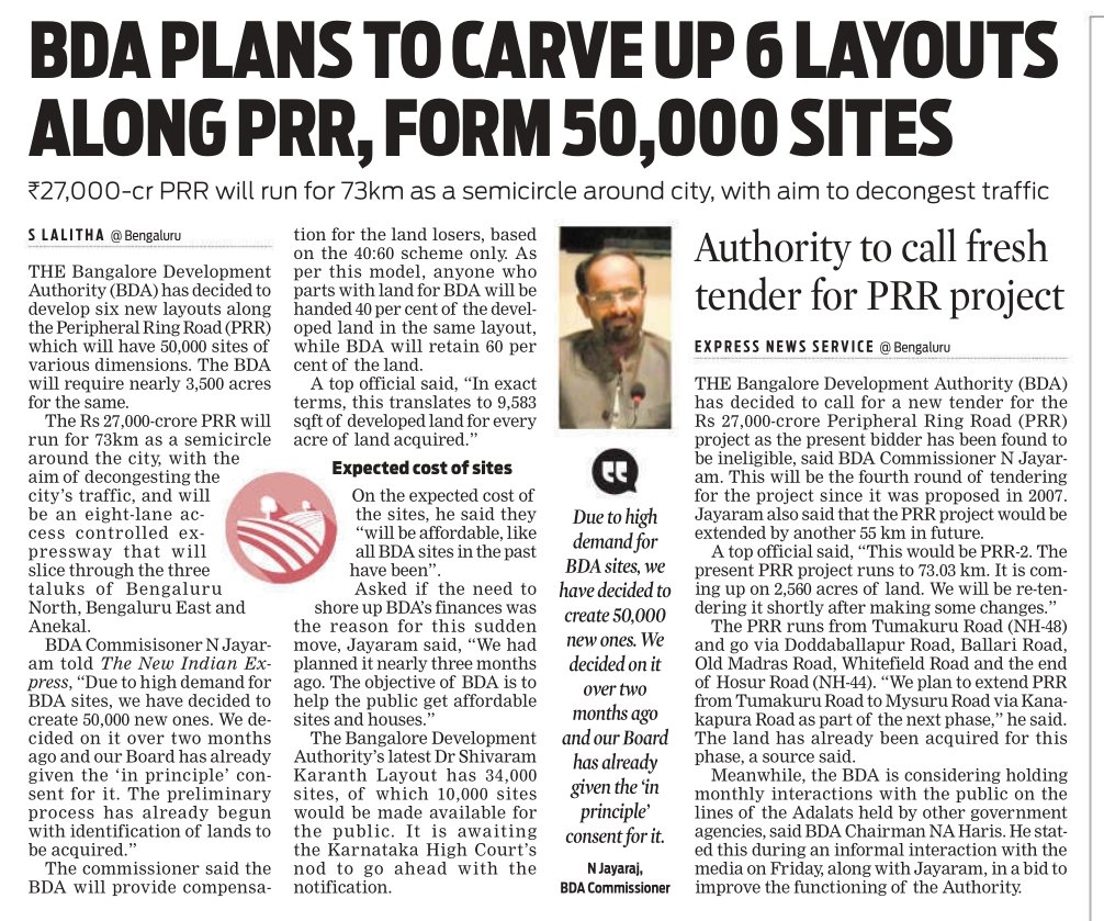 Maheshbr4U's tweet image. Much awaited, 74 km Long #Bangalore Peripheral Ring Road (PRR)/#Bengaluru Business Corridor (BBC) is becoming reality with, #Karnataka Govt deciding to do it from their own funds.
■ #Metro Corridor alongside this 8 Lane road &amp;amp;
■ 6 @BDABangalore Layouts planned.
@CMofKarnataka
