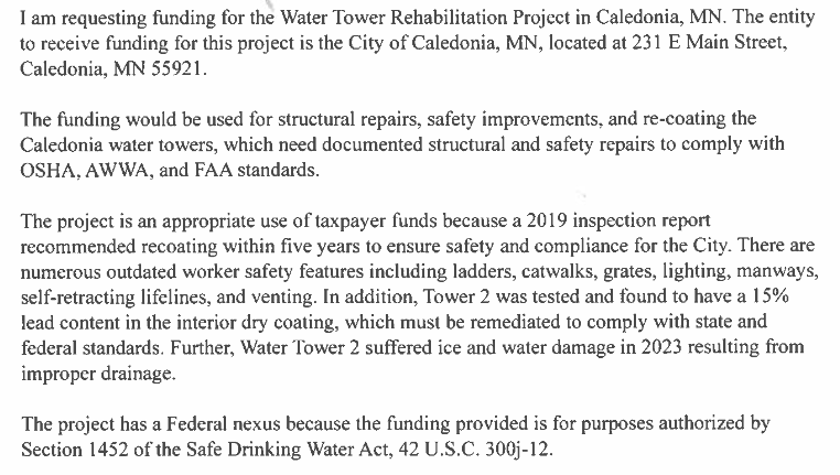 McPhersonHall's tweet image. #FinstadFails #MN1 as #Caledonia #MN has water towers with major problems (lead content exceeding 15%) as it appears the #MAGARepublicans who control the Appropriations Committee have rejected @RepFinstad's #FY25 #CommunityFundingProject request of $960,000

Copy @Bohman4Congress