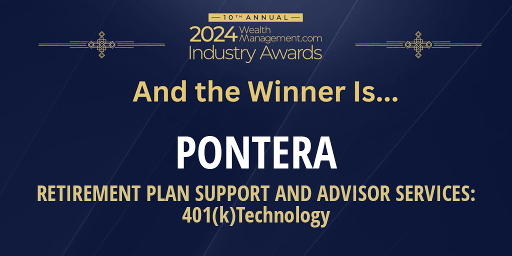 Congratulations <a href="/Pontera/">Pontera</a>, winner of the 401(k) RETIREMENT PLAN SUPPORT: Technology category of the 2024 Wealth Management Industry Awards! #Wealthies