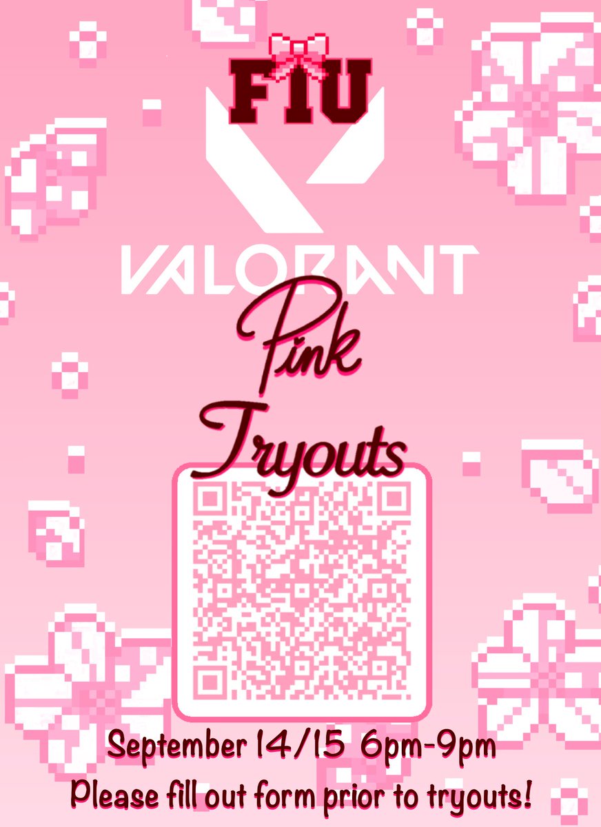 Our lovely Valorant Pink team is holding tryouts next week on Sept. 14th &amp; 15th from 6pm-9pm through our Discord Server!

If you’re interested in joining please fill out the form below:
forms.office.com/Pages/Response…

We can’t wait to see you there!