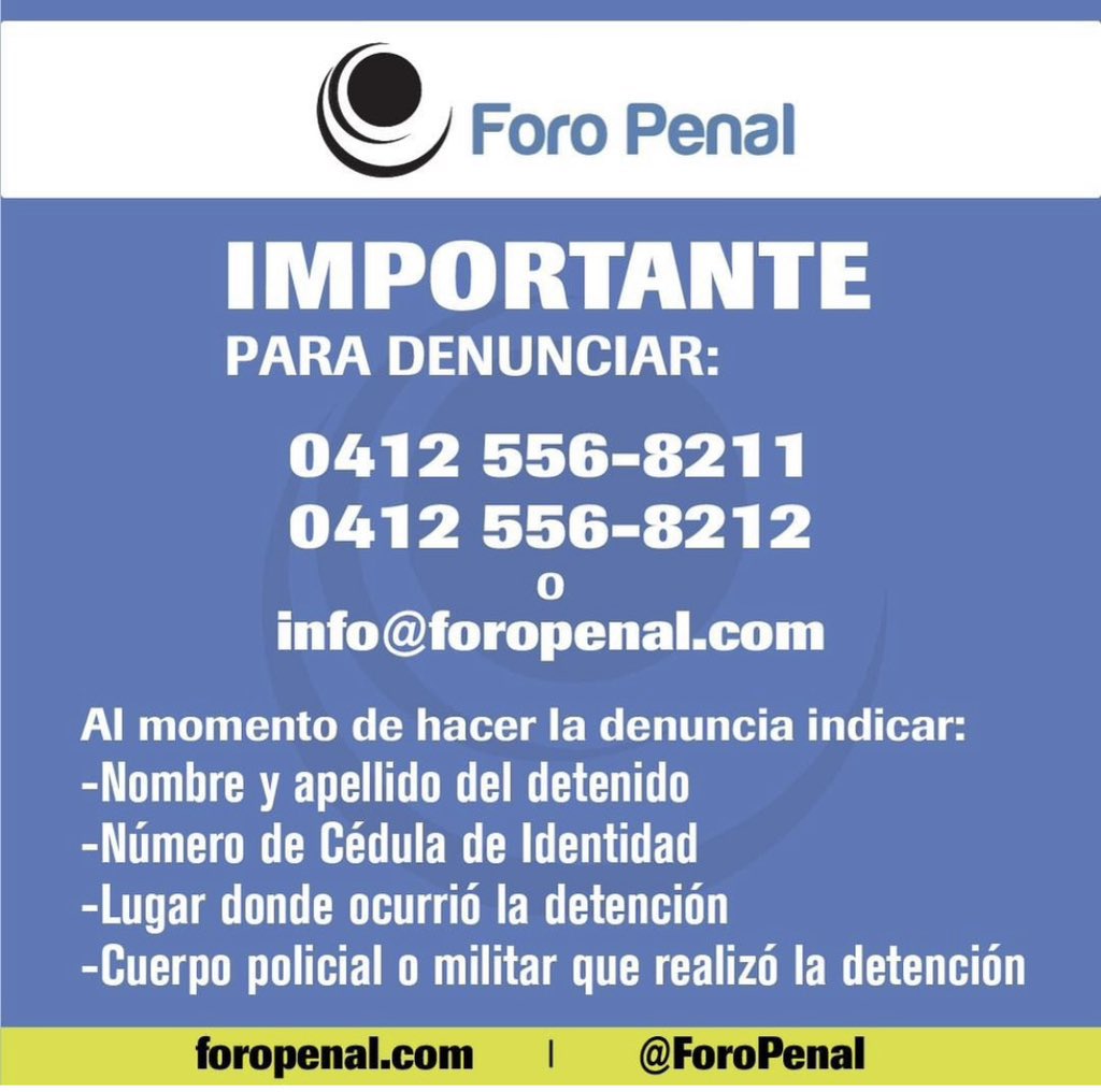 La asistencia que presta el <a href="/ForoPenal/">Foro Penal</a> a las víctimas de violaciones a los Derechos Humanos es COMPLETAMENTE GRATUITA. No se deje engañar. No acepte “ayuda” de falsos “intermediarios” para reportar su caso. Comuníquese directamente con nosotros. Estos son nuestros ÚNICOS números: