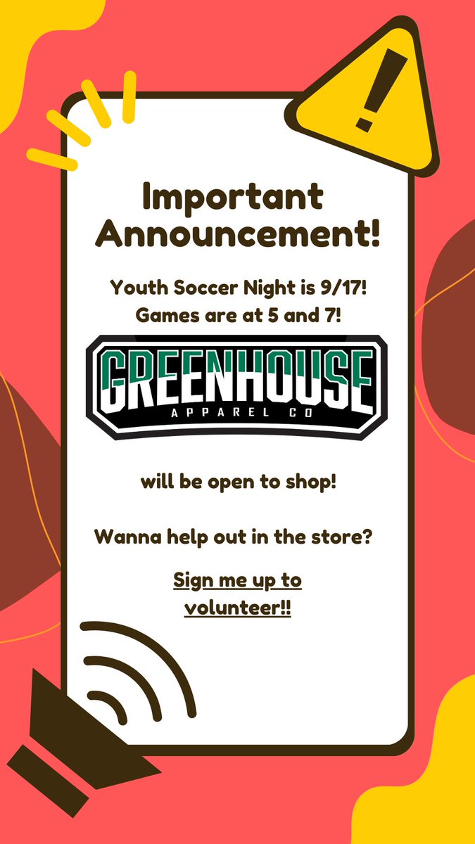 Important Date Change!!  Youth Soccer Night is 9/17 so GAC will now be open then instead of 9/7!  Games are at 5 and 7!  

Wanna volunteer?  Sign up here:  m.signupgenius.com/#!/showSignUp/…