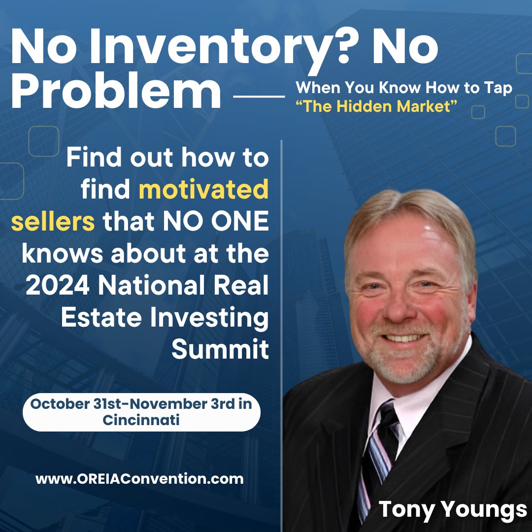 It's weird how to lack of inventory is affecting some investors, while others are finding deal after deal. 

Learn how Tony Youngs does it (hint: not mail, not online marketing) when you come to the National Real Estate Investing Summit, October 31-November 3 in Cincinnati!